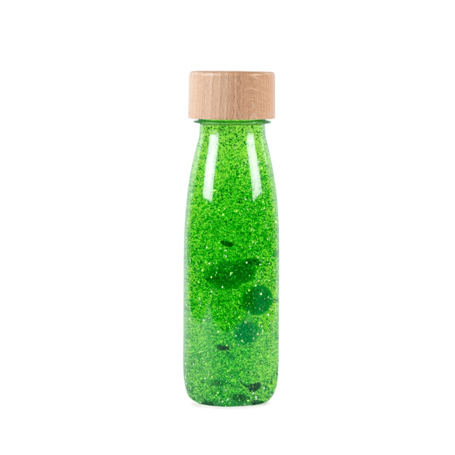 botella sensorial verde purpurina-PETIT BOUM