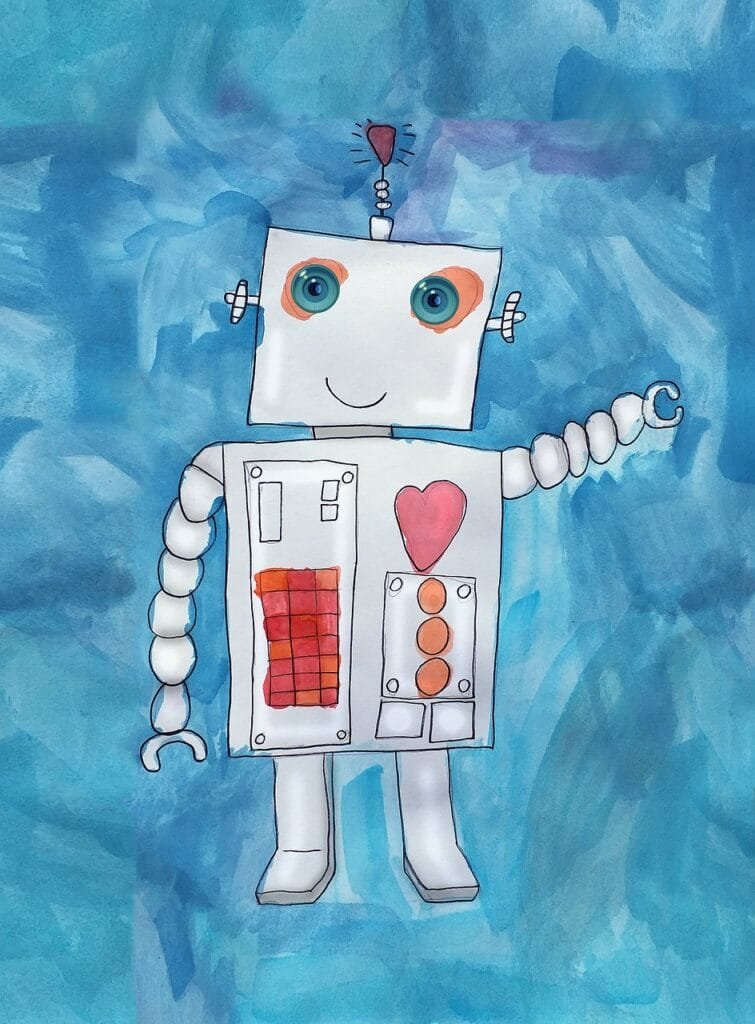 robot, painting, watercolor